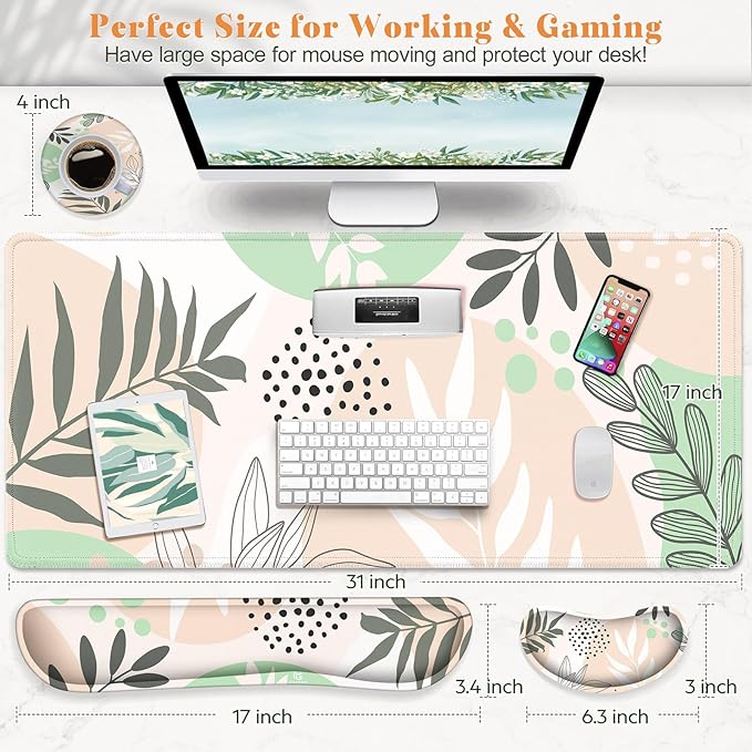 Gimars 4-in-1 Mouse Pad and Keyboard Wrist Rest Set, Large Mouse Pad with Memory Foam Wrist Support Pad for Desk with Coaster, Easy Typing Pain Relief, Gaming Office Home 31.5x12 inch, Morandi Beige