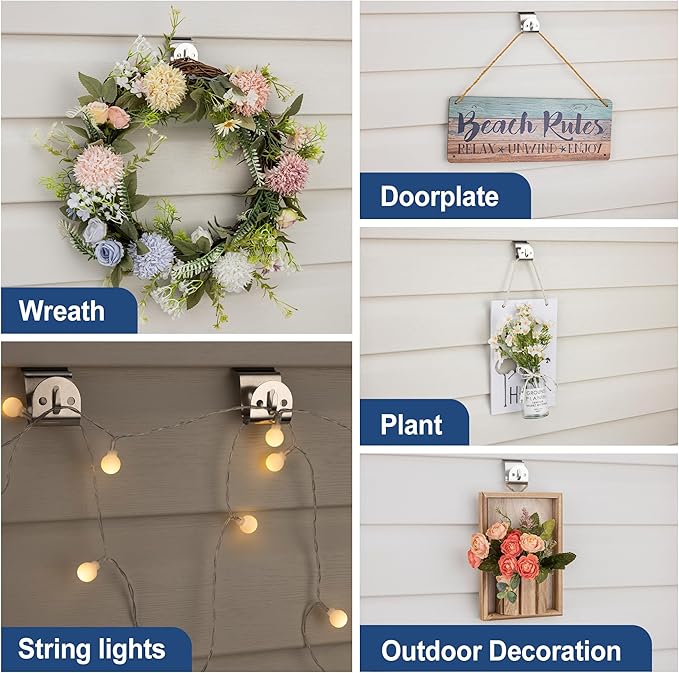 ANDGOO Vinyl Siding Hooks Heavy Duty, 8 Pack Stainless Siding Clips, No Hole Hooks Vinyl Hangers with String Light Holes for Hanging Outdoor Decor, Wreath, String Lights, Holds Up to 20lbs