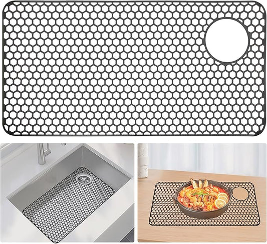 Silicone Sink Mat, 28.62"x 14.76" Heat-resistant Sink Protectors, Drying Mats for Kitchen of Bottom Farmhouse Porcelain Stainless Steel, Kitchen Accessory, Right & Left Drain（Grey）