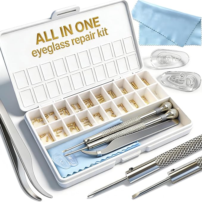 Gold Eyeglass Repair Kit with 18 Sizes Gold-Plated Screws, 1.4mm Precision Screwdrivers, Tweezers, Nose Pads & Cloth - Compact Eye Glass Repairing Kit for All Eyewear Types