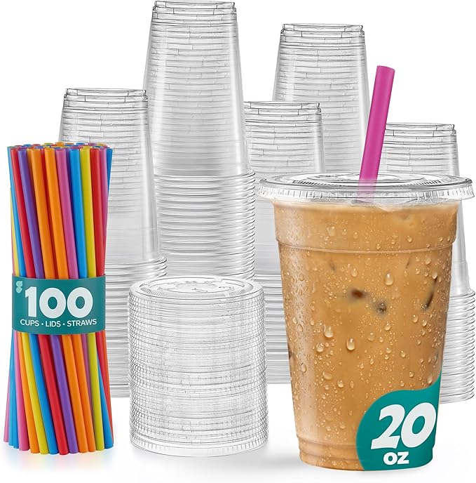 GUSTO [20 oz. - 100 Count Clear Cups with Flat Lids & Straws - Disposable Clear Drinking Cups for Iced Coffee, Cold Drinks, Milkshakes, and Smoothies - (Formerly Comfy Package)