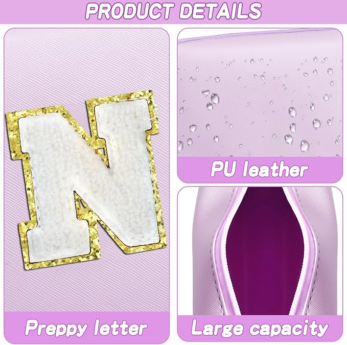 Gifts for Girls Initial Makeup Bag Personalized Cosmetic Bag with Zipper Cute Travel Toiletry Bag Waterproof PU Preppy Makeup Pouch Birthday Gift for Teen Girls Women(Purple N)