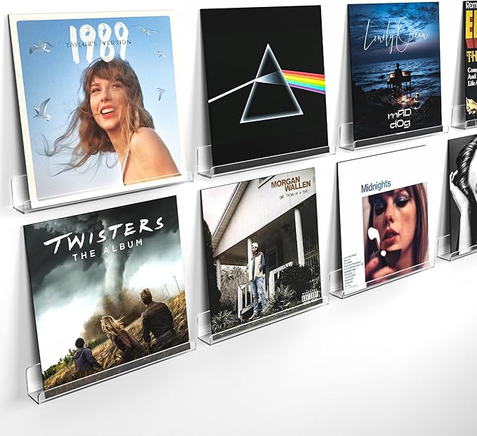 Laurensory 8 Pack Vinyl Record Shelf Wall Mount Shelves, 12 inch Clear Acrylic Vinyl Record Holder Display, Floating Shelves for Wall Decor, Magazine Rack, Kids Bookshelf, for Bedroom, Living Room