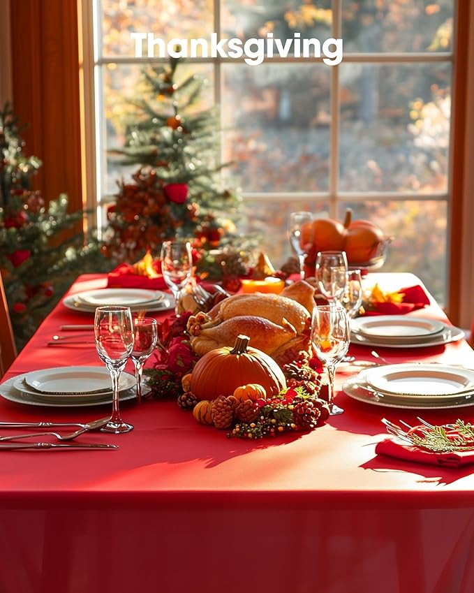 Pureegg Plastic Table Cloth Disposable 10 Pack, 54 x 108 Inch Table Cloths, Valentines Day, Thanksgiving, Christmas Decorations, Fall Tablecloths, Rectangle, Plastic Cover, Leakproof & Sturdy, Red