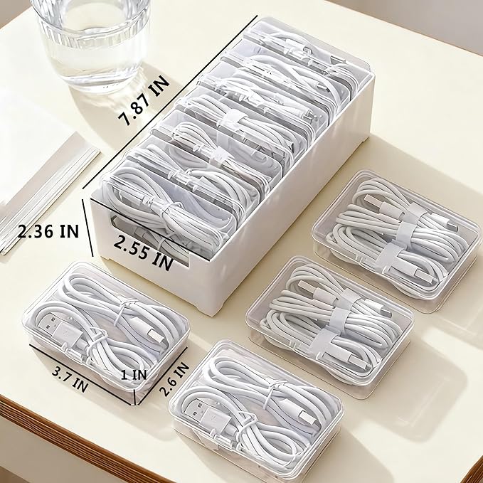 RayHenry 2 PCS Cable Organizer Box with 7 Clear Switch Case, Desktop Charger Cord Storage Organizer Box for Home Office Desk Accessories Wire Organization Stationery Supplies (white)