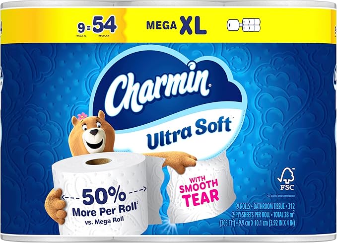 Charmin Ultra Soft Toilet Paper, 9 Mega XL Rolls = 54 Regular Rolls, 2-ply Bath Tissue