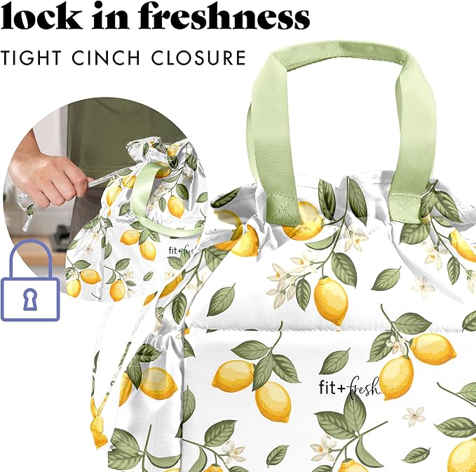 Fit & Fresh Cromwell Drawstring Lunch Bag for Women, Complete Lunch Set with 2 Containers, Stain-Resistant, Leak-Resistant, Back to School Essential, Teacher Lunchbox, Lemons