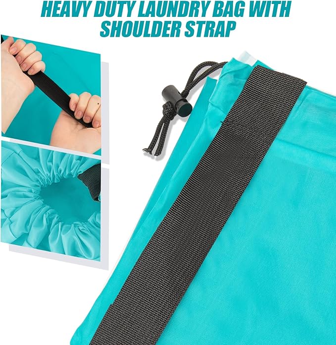 Isink Heavy Duty Laundry Bag with Strap, 2 Pack Travel Laundry Bags for Dirty Clothes, 24" x 36" Large Laundry Bag for Traveling, Camping, Dorm (Cyan + Gray)