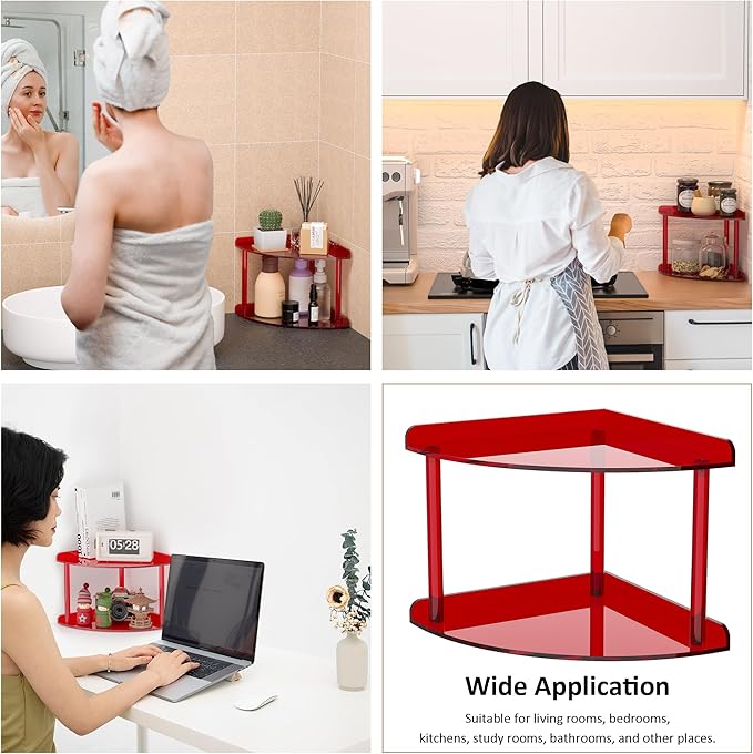 2 Tier Acrylic Corner Shelf Organizer Storage 9.5x9.5x8 Inch, Red Countertop Corner Shelf for Bathroom, Kitchen, Bedroom, Office, Study Room