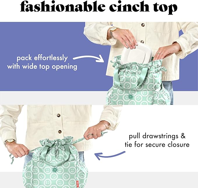 Fit & Fresh Cromwell Drawstring Lunch Bag for Women, Complete Lunch Set with 2 Containers, Stain-Resistant, Leak-Resistant, Back to School Essential, Teacher Lunchbox, All Smiles Mint