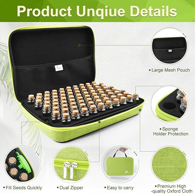 【80 Slots】 Seed Storage Organizer, Sturdy Organizer Box with Dual Zipper Bag and 84Pcs Label Stickers, Glass Seed Storage Container for Flower Vegetable Plants Garden Seeds Saving, Green