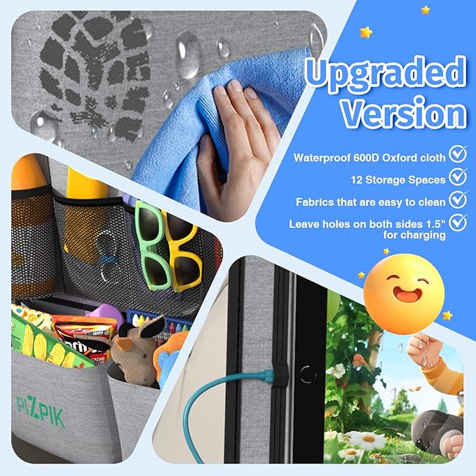 Car Backseat Organizer with Tablet Holder, 11 Storage Pockets with Foldable Food Tray, Protector Kick Mats for Kids, Travel Accessories Organizer (Gray, 2-Pack)