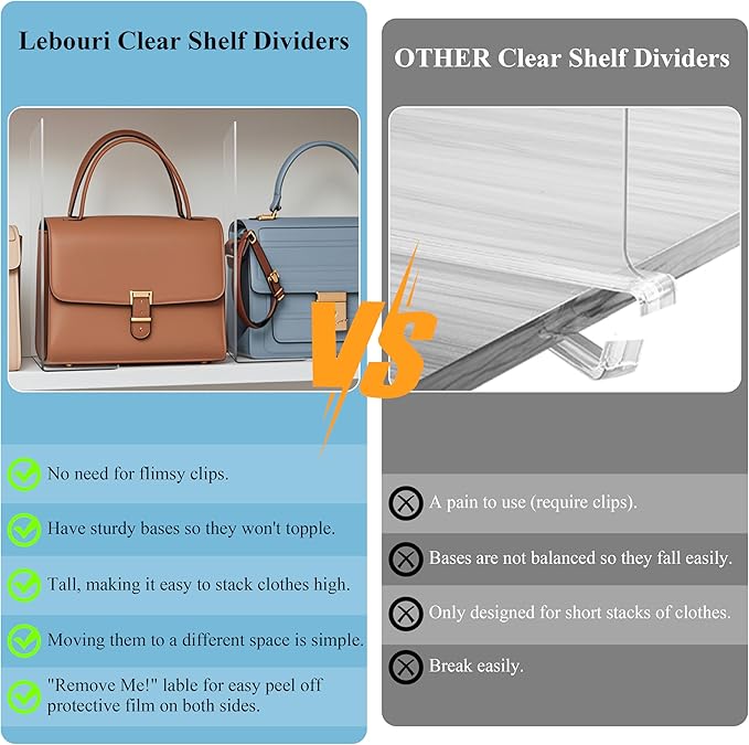 Lebouri Shelf Dividers for Closet Organization - Acrylic Closet Dividers for Shelves - Clear Free-Standing Shelf Separators for Clothes Sweater Purse