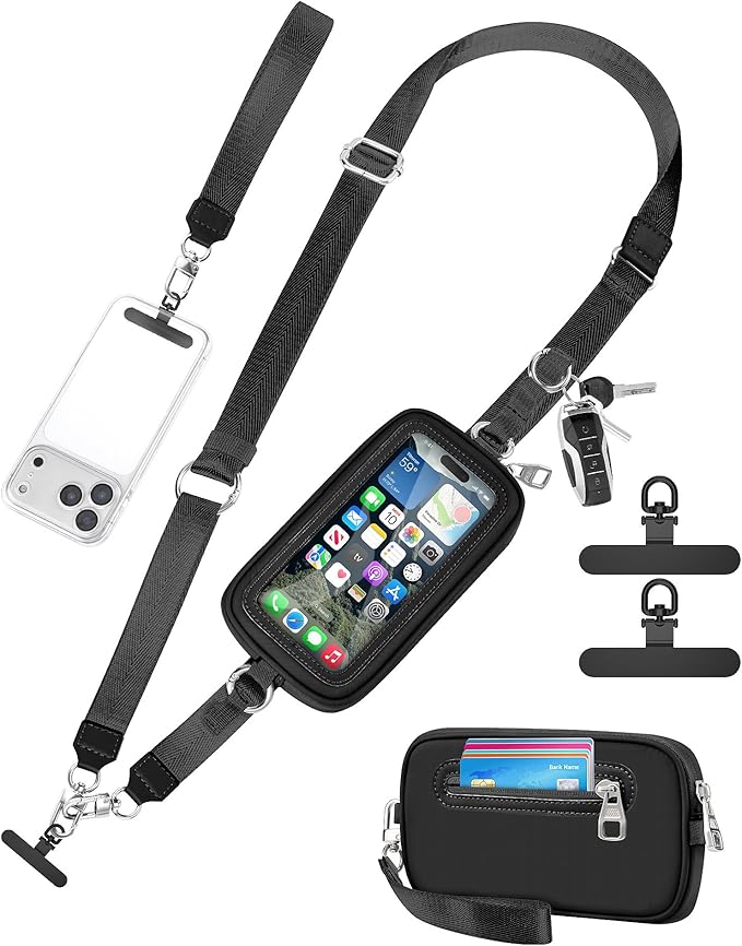 Clip and Go Strap for Phone with Wallet Crossbody, Adjustable Neck Lanyard, Detachable Wristlet Wallet with Zipper Phone Screen ID Window, 2x Tether Tabs Compatibe for iPhone & Most Cellphones Black