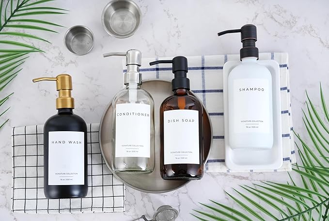 Emerson Essentials Soap Dispenser, Dish Bottle Dispenser for Kitchen, Farmhouse Hand Soap Dispenser, Kitchen Set, Glass Bottles with Pump and Labels | 16 Oz, 2-Pack