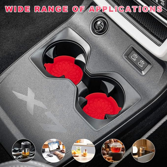 4 PCS Car Cup Holder Coasters, 2.75 Inch Anti-Slip Insert Silicone Car Coaster Drink Mat, Shockproof Universal Auto Cup Coasters for Most Vehicles, Car Interior Accessories (Red)