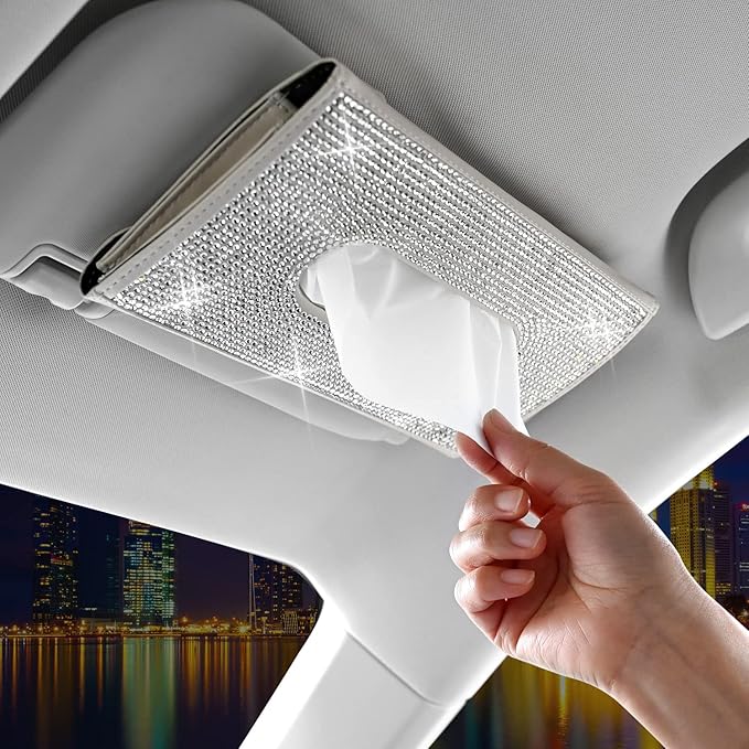 ChuLian Bling Bling Car Visor Tissue Holder Leather Crystals Paper Towel Cover Case & Glitter Sunglasses Clip for Women Beige