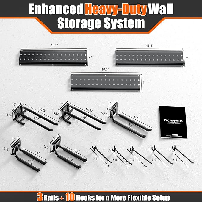 Garage Tool Organizer Wall Mount 48 inches with 10 Adjustable Heavy-Duty Hooks, Garage Organization, Garden Tool Storage Rack, Yard, and Shed, Holds Up to 400 lbs