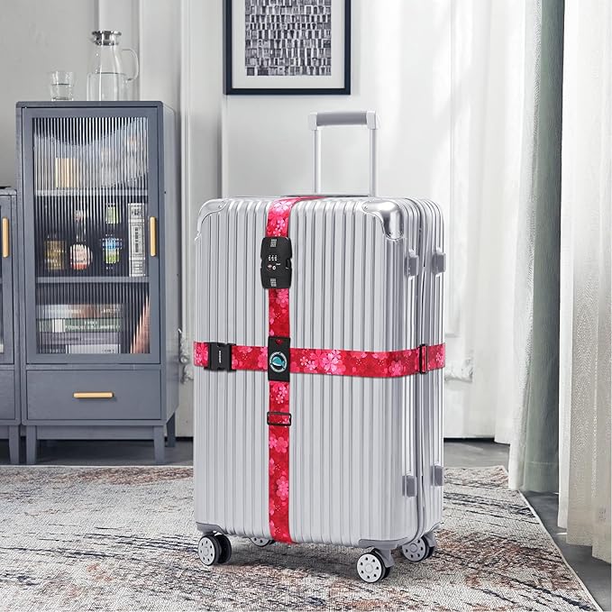 Travelkin Luggage Straps TSA Approved - Adjustable Cross Suitcase Straps with TSA Lock, Reinforced Buckle, Unique Pattern - Secure Heavy Duty Luggage Straps for Travel (Sakura)