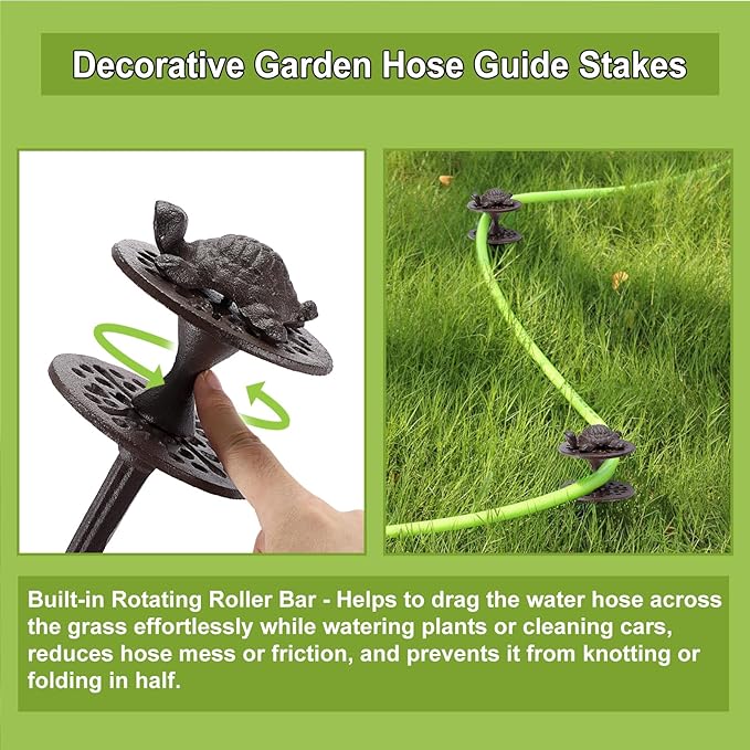 OwnMy Set of 2 Cast Iron Garden Hose Guide Stakes Heavy Duty, Decorative Garden Hose Guide Spikes for Lawn Yard Outside Plants Protection - Keeping Hoses Away from Flower Beds, Turtle Pattern