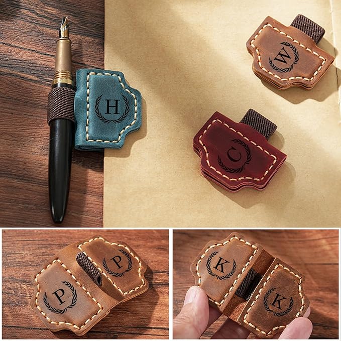 Artlaza Personalized Magnetic Leather Bookmark with Pen Holder - 26 Letters Custom Book Mark with Name Initial Engraved Book Marker for Readers, Book Lovers, Travelers - Gift for Women & Men(Green，Q