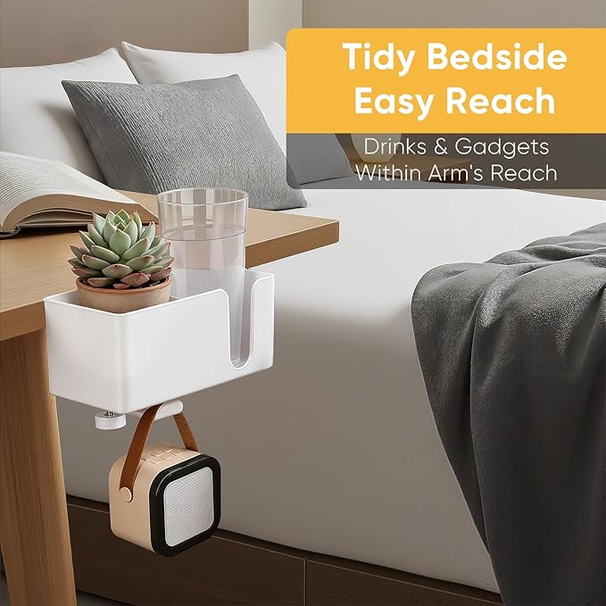 4-in-1 Clip On Desk Cup Holder - Adjustable Mountable Cup Holder with Divider & Rotating Hook - Large No Spill Clamp On Drink Holder Attachment - for Desk Chair Table Bed Tray - White