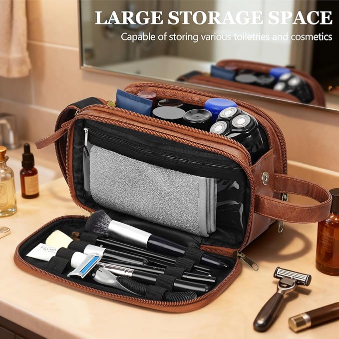 Travel Toiletry Bag for Men, Men's Shaving Bags for Toiletries, Men's Leather Toiletry Travel Bag, Personalized Travel Essentials, Birthday Gifts For Men, Brown- T