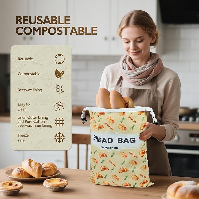 2-Pack Beeswax Bread Bag,17"×13"Reusable Organic Bread Bags for Homemade Bread Sourdough,Linen Outer Lining and Pure Cotton Beewax Inner Lining Moisture-proof &Fresh-Preserving Bags Keeps Fresh Longer