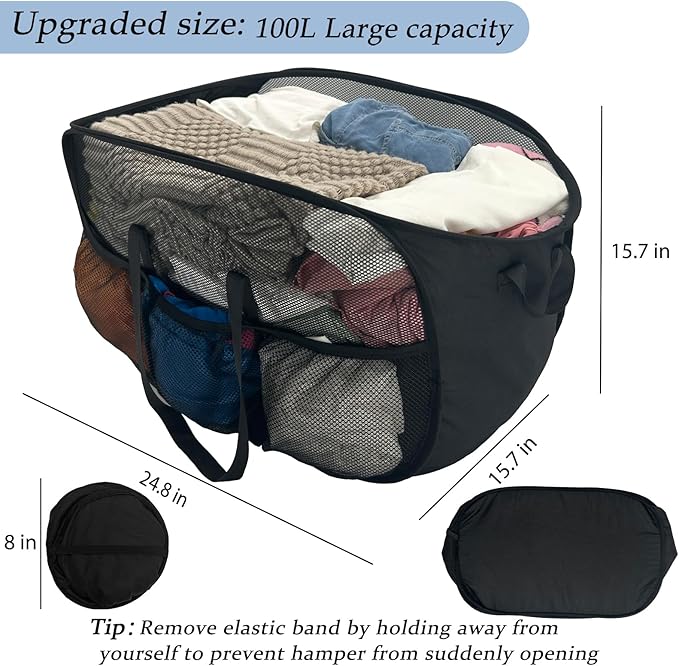 100L Extra Large Mesh Pop Up Hamper with Handles and bag, Upgraded Cationic XL Collapsible Laundry Baskets, Portable Stair Basket, Dirty Clothes Hamper for Cruise Travel Bedroom. Black