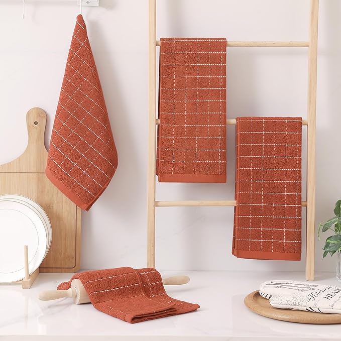 Homaxy 100% Cotton Terry Kitchen Towels(Rust, 13 x 28 inches), Checkered Designed, Soft and Super Absorbent Dish Towels, 8 Pack