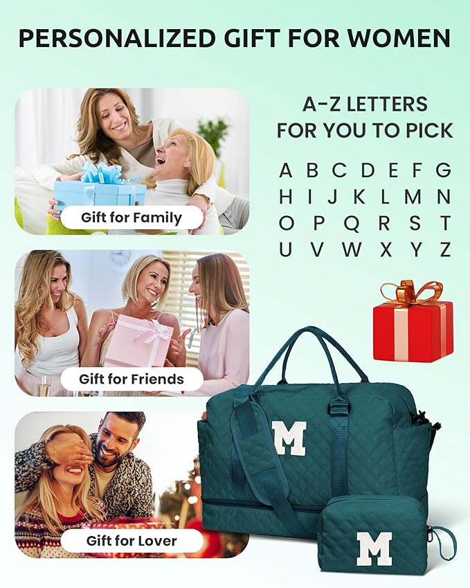 Girls Gifts 10-12 Birthday Ideas-Initial Travel Bag with Shoe Compartment, Personalized Weekender Bag, Monogram Overnight Bag for Women, Letter Travel Bag with Makeup Bag (Letter L)