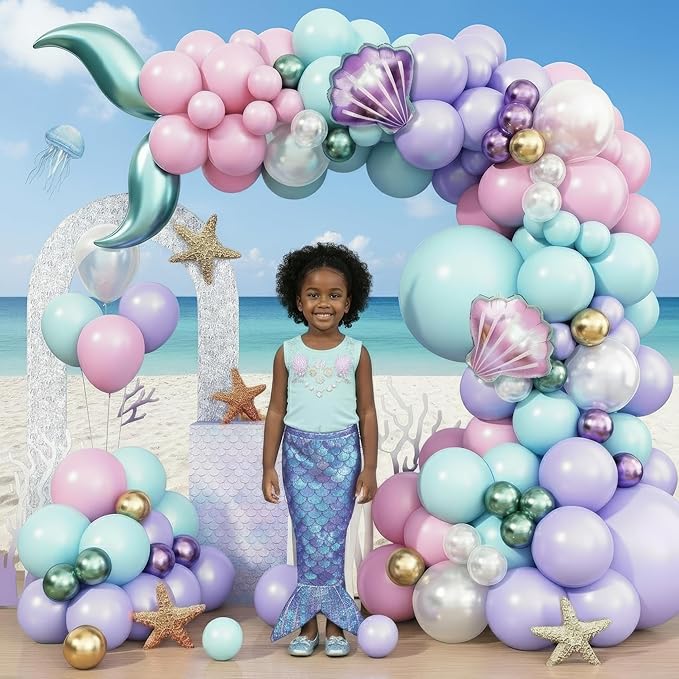 Mermaid Balloon Garland Arch Kit – Under the Sea Party Decorations with Pastel Pink, Blue, Purple, Gold Balloons, Shell & Tail Foil Balloons, Ocean Theme Birthday, Baby Shower Décor by Vellax®