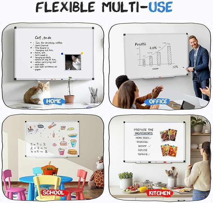 DUMOS White Board Dry Erase Kit, 48" x 24" Magnetic Board for Wall with 1 Dry Eraser & 2 Multicolor Markers & 4 Magnetic Pins, Silver Reinforced Aluminum Frame for Home, School, Office