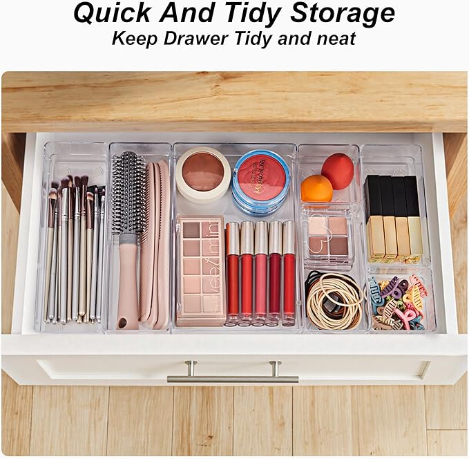 SMARTAKE 25-Piece Drawer Organizer with Non-Slip Silicone Pads, 4-Size Desk Drawer Organizer Trays Storage Tray for Makeup, Jewelry, Utensils in Bedroom Dresser, Office and Kitchen (Clear)
