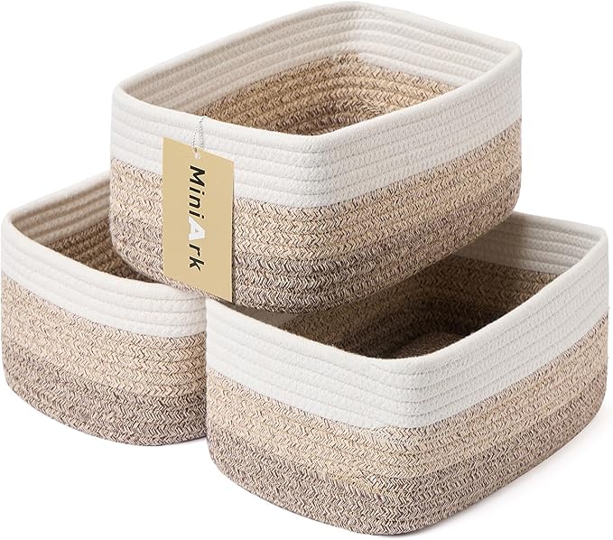 MiniArk Small Storage Baskets for Organizing | Closet Organizer Bins | Shelf Toy Basket | Woven Rope Baskets | Cube Decorative Box | Shallow Basket |11.5x7.5x4.7”| 3 Packs Gradient Brown
