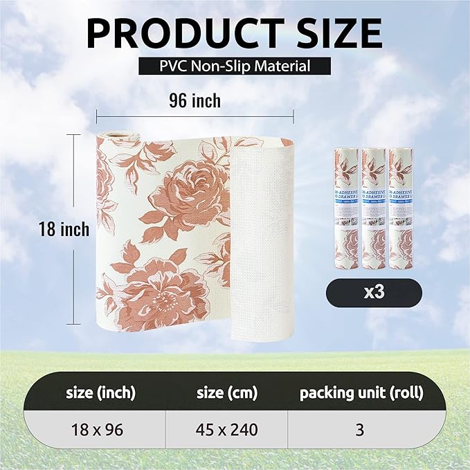 FIFTY FEET 18X96 Inch Shelf Liner for Kitchen Cabinets, PVC Drawer Liner for Dresser Non-Slip Bathroom, Non-Adhesive Cabinet Liner Washable (Red Flower)(3 Roll)