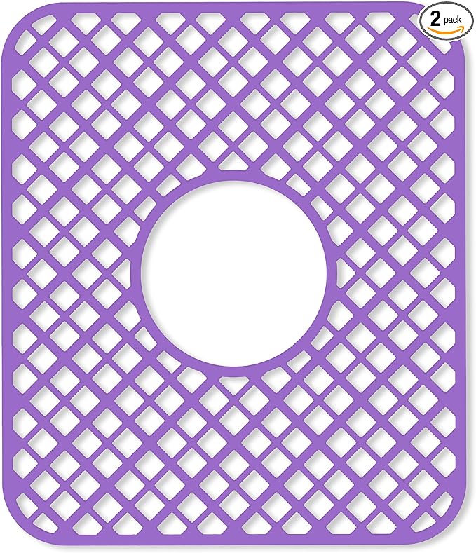 2 Pack Silicone Sink Protector for Kitchen Sink, Lozenge Pattern 13 x 11 inches Sink Grid Mat Silicone Protectors, Center Drain, Purple