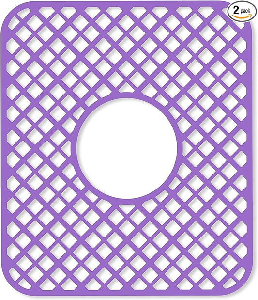 2 Pack Silicone Sink Protector for Kitchen Sink, Lozenge Pattern 13 x 11 inches Sink Grid Mat Silicone Protectors, Center Drain, Purple