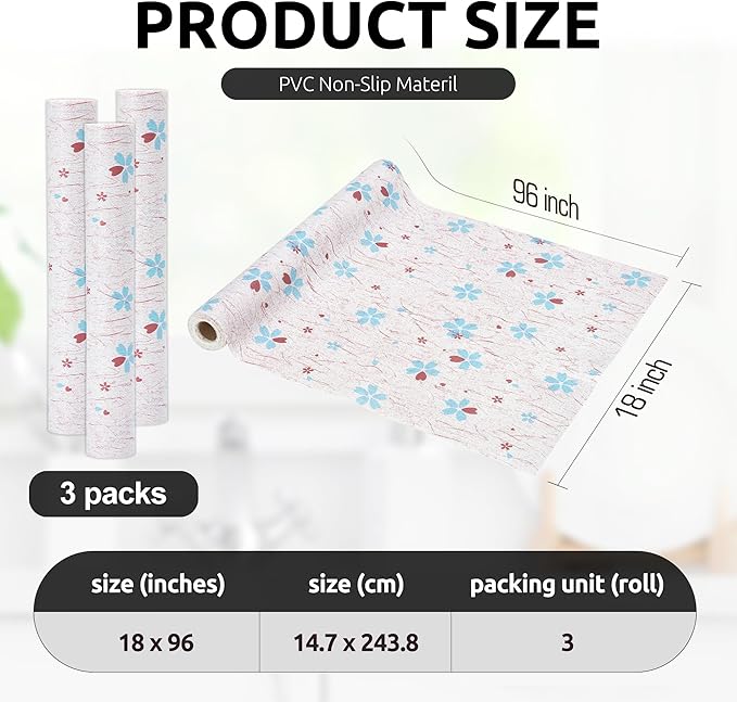 RAY STAR 18X96 Inch Shelf Liner for Kitchen Cabinets, Non-Adhesive Washable Cabinet Liner, PVC Non-Slip Drawer Liner for Dresser Bathroom (Blue-Floral) (3 Rolls)