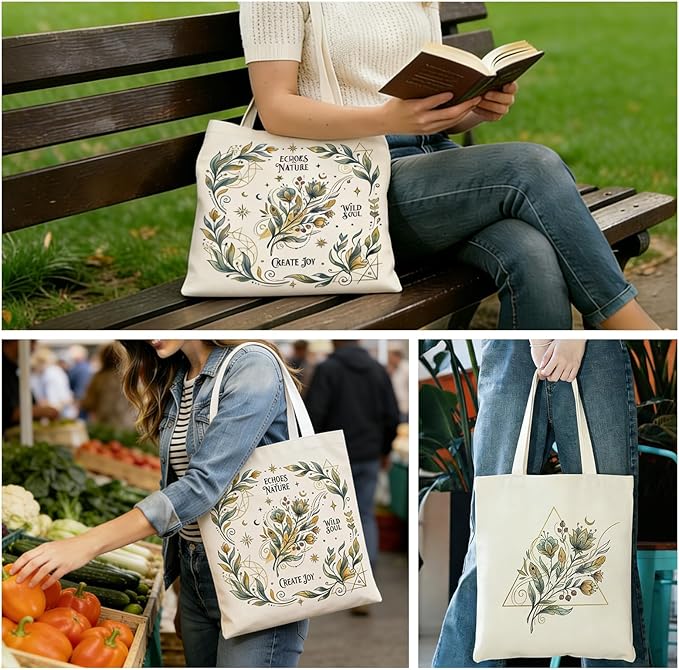 MOLOVA】Printed Canvas Tote Bag for Women - Inner Zipper Pocket & Magnetic Closure, Versatile Hand Shoulder Carry, 15x16 Inch Large Capacity for Work Travel Shopping, Leaves