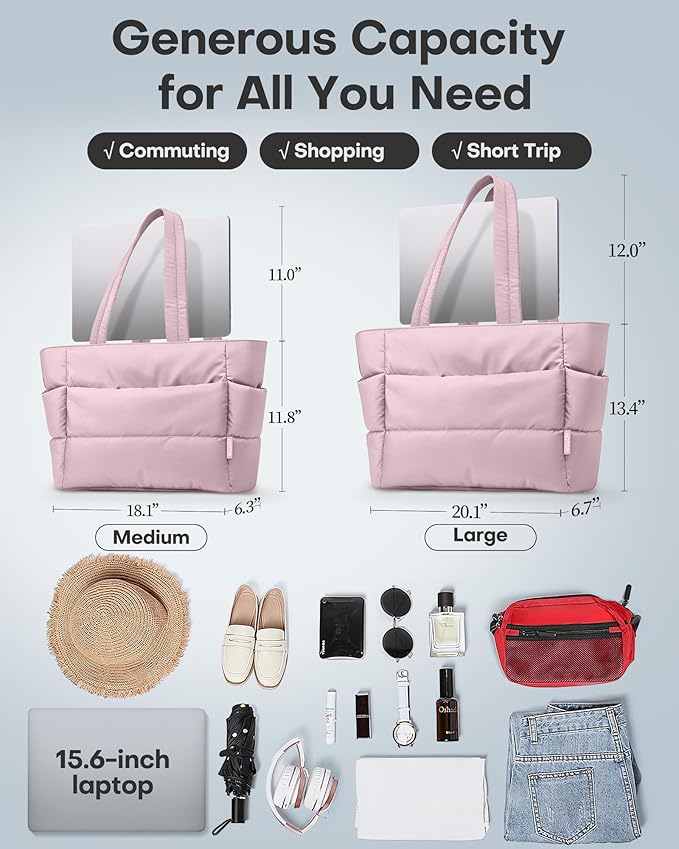 HOTOR Puffer Tote Bag for Women, Nurses - Multi-Pocket Lightweight Bag for Work - Quilted Handbag for Travel and Gym