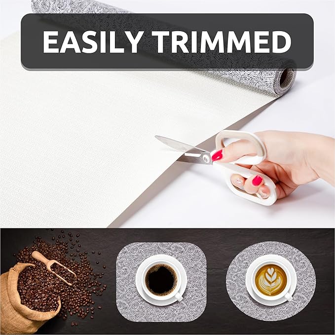 18X96 Inch Shelf Liner with Scissor & Tape Measure for Kitchen Cabinets, PVC Drawer Liner for Dresser Non-Slip Bathroom, Non-Adhesive Cabinet Liner Washable (Black)