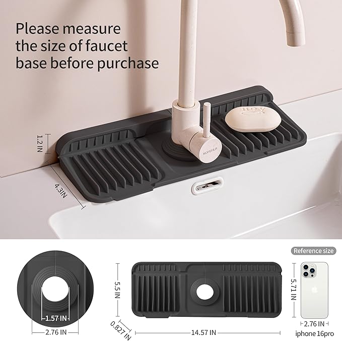 14.57" Silicone Sink Splash Guard - Essential Kitchen Sink Accessory with Drip Tray, Sponge Holder & Soap Dish, 6°Slope for Easy Drainage, Foldable & Fasten Button for Perfect Fit（Black）