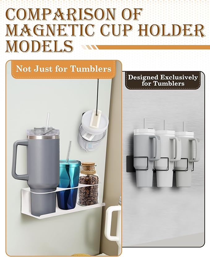 White 2 Pack Magnetic Cup Holder with Lid Holder (1PC) Fridge for 30 & 40 oz Tumbler - Strong Fridge Mount - Water Bottle Organizer for Metal- No Drill Cup Accessories for Car, Kitchen, Office
