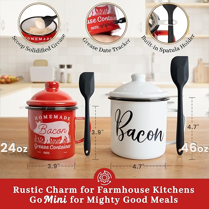 Ayerphalo Bacon Grease Container with Strainer - With Food-Grade Silicone Spatula, 24oz Enamel Rustic Farmhouse Fat Container, Keeper, Recipes, Dishwasher Safe