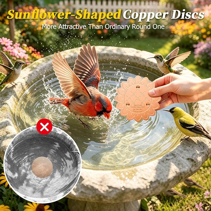 Bird Bath Copper Disk, 1pcs Sunflower Shaped 99.99% Pure Copper Cleaning Disc Plate for Physical Safe Water Purification All-Season for Outdoor Wildlife Bird Bowls Birdbaths Solar
