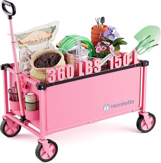 Collapsible Wagon Cart with Wheels, 150L Lightweight Foldable Utility Cart, Portable Rolling Wagon for Garden, Shopping, Sports, Camping, Transport, Pink