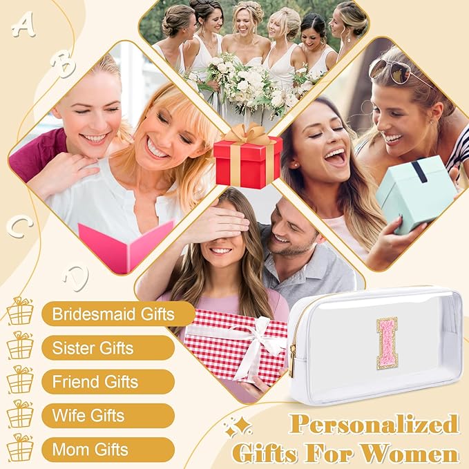 Personalized Initial Letter Clear Makeup Bag, Preppy Small Nylon&PVC Cosmetic Zipper Bag with Chenille Letter, Travel Skincare Toiletry Bag, Monogram Christmas Gift for Teen Girls Women, I