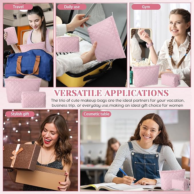 2 Pcs Pencil Case Quilted Makeup Bag Aesthetic Cosmetic Pouch for Women Puffer Travel Toiletry Bag Set Cotton Small Purse Pouch Makeup Organizer with Zipper(Pink)