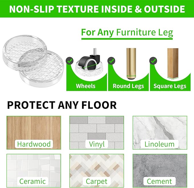 1.6"x1.6" Round Rubber Furniture Caster Cups, 12 PCS Chair Coasters for Carpet - Clear Non Slip Furniture Pads with Grip, Carpet Protector for Furniture Legs - Protect Any Flooring